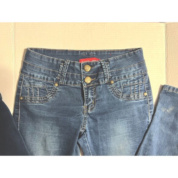 GOGO STAR Junior Skinny Stretch Jeans Size 5 Double Button Zip Dark Wash - Picture 2 of 7